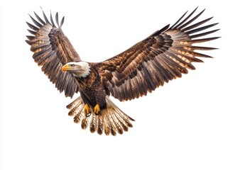 Obraz premium Bald Eagle in Flight with Spread Wings Against White Background