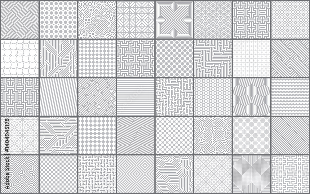 Poster collection of vector seamless geometric ornament patterns. grey repeatable striped backgrounds. simp
