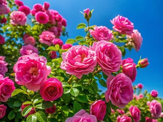 Aerial View of Pink Rose Bush Blooming, Lush Green Foliage, Blue Sky