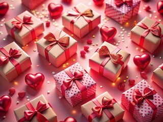 Aerial View of Pink Valentine's Day Gift Boxes with Red Hearts