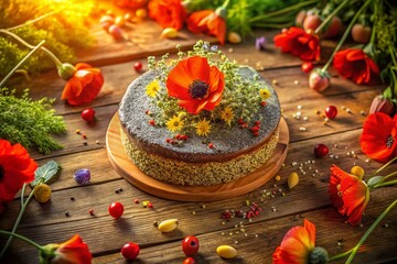 Aerial View of Poppy Seed Cake, Rustic Bakery Setting, Summer Sunlight