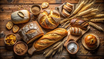 Aerial View of Rustic Bread Assortment:  Farmhouse Bakery Overhead Shot