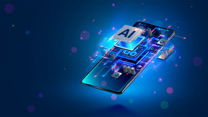 AI chip of phone. CPU or chip, smd electronic components of mobile phone on circuit board. AI Processor of smartphone. Engineering, develop electronic mobile chip. AI technology in mobile smartphones