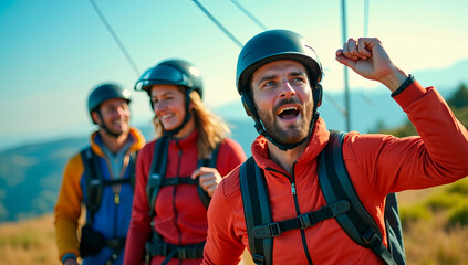 A group of three friends wearing helmets and harnesses joyfully prepares for a ziplining experience in a mountainous area. Their excitement is evident as they gather for the thrilling activity.