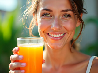 A young woman with a bright smile holds a glass of orange juice, surrounded by greenery. She radiates happiness as she enjoys a sunny day, creating a cheerful atmosphere.