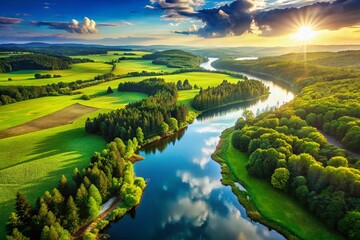 Aerial View of Serene River and Lake, Nature Landscape Background with Copy Space