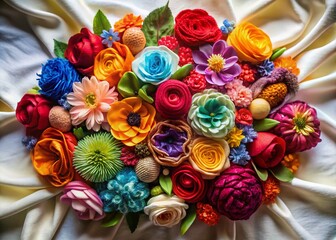 Aerial View of Vibrant Fabric Flower Bouquet, Still Life Photography
