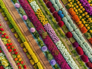 Aerial View of Vibrant Flower Fields, Unique Floral Patterns, Drone Photography