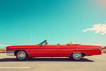 A retro cherry red convertible car parked in a sunlit parking lot, soft vintage filter, aesthetic composition,  clear blue sky background, nostalgic Y2K vibe