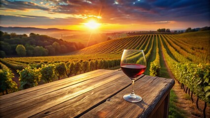 Aerial View: Red Wine Glass on Rustic Table, Sunset Light