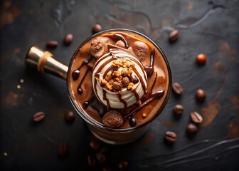 Aerial View: Rich Chocolate Milkshake Cocktail with Drizzled Syrup on Black