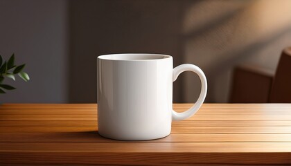 White ceramic mug on wooden table with soft lighting and natural shadows, mockup