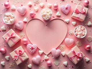 Aerial View Valentine's Day Gift Boxes, Heart Marshmallows & Candles on Pink Background
