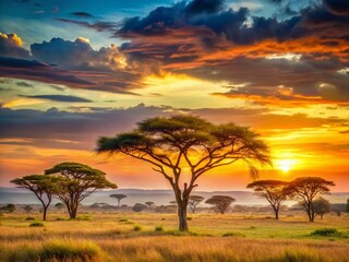 African Safari Sunset Panorama: Silhouette Trees, Tilt-Shift Photography