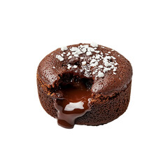 A rich chocolate lava cake with a gooey center, topped with a sprinkle of coarse salt, decadent texture and flavor.