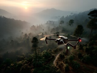Fototapeta premium Drones with advanced lidar scan tropical rainforests, mapping biodiversity and deforestation, showcasing cutting-edge tech for nature conservation, ecological research, and forest preservation.