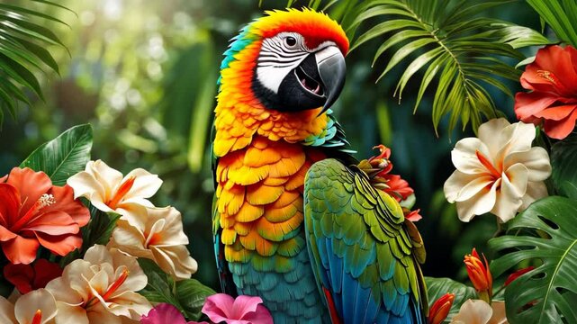 Colorful parrot on a branch with tropical flowers on palm green leaves background