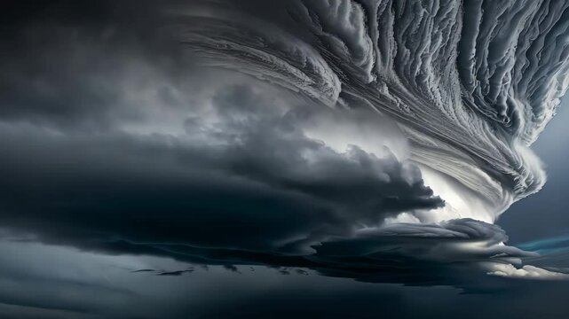 Dramatic and powerful whirlwind hurricane. Lightning thunderstorm flash over the night sky. Concept on topic weather, cataclysms (hurricane, Typhoon, tornado, storm). Stormy Landscape.