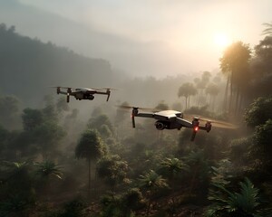 Fototapeta premium Drones with advanced lidar scan tropical rainforests, mapping biodiversity and deforestation, showcasing cutting-edge tech for nature conservation, ecological research, and forest preservation.
