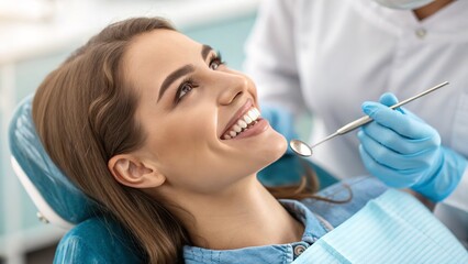 A woman's bright smile is examined by a dentist, highlighting healthy, white teeth during an exam.