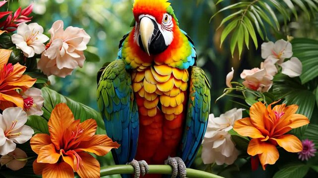 Colorful parrot on a branch with tropical flowers on palm green leaves background