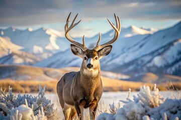 Alert Mule Deer Buck in Snowy Wilderness: Majestic Winter Wildlife Stock Photo
