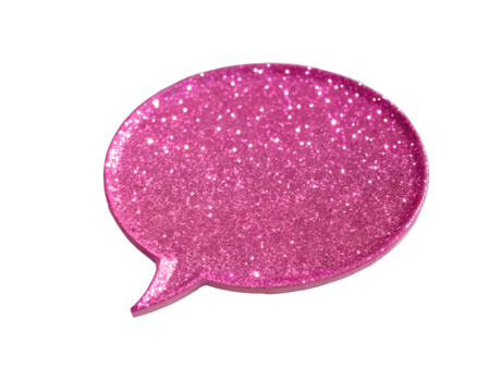Sparkling pink speech bubble on a white surface, conversation bubble, dialogue, pink sparkle, communication symbol, messaging icon