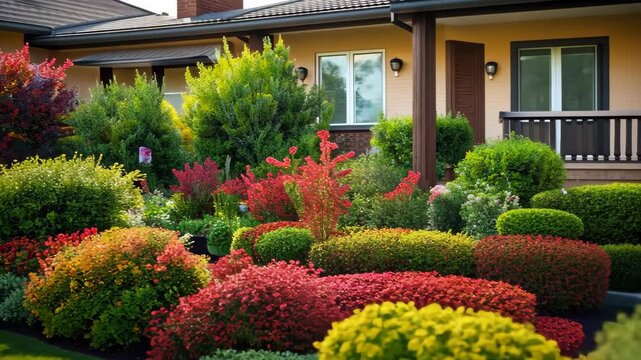 Perfect manicured lawn and flowerbed with shrubs in sunshine on backdrop of residential house backyard
