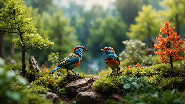 Spring miniature forest landscape with a beautiful little colorful birds sitting on green grass with trees on background