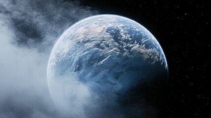 Fototapeta premium A serene view of Earth in outer space, surrounded by celestial mist. The planet is seen as a tranquil blue marble with patches of clouds