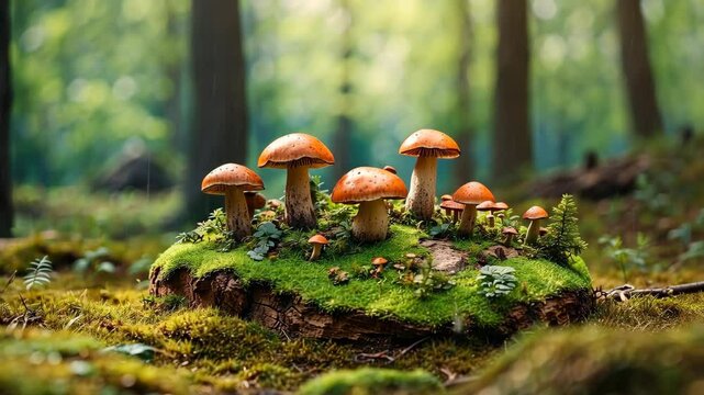 Mushrooms boletus cap group in the forest green grass, Miniature landscape, spring,  forest 3D stereoscopic effect