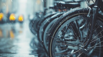 Fototapeta premium Rainy Day Bikes: Urban Cycling in the Downpour