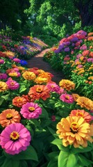 Walking Path Through a Vibrant Flower Garden with Lush Greenery