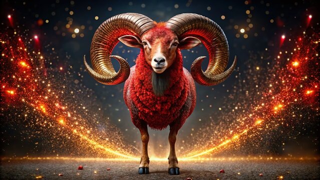 Aries Zodiac Sign Banner: Fiery Ram with Massive Horns on Starry Night Background