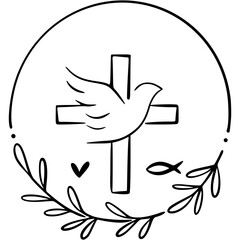 First Holy Communion, Konfirmation, Baptism, Cross, Dove, Church, Fish, Vector Illustration