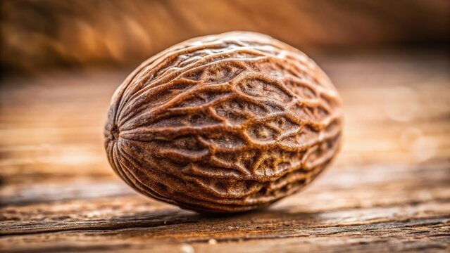 Aromatic Nutmeg Seed: Close-up of Nutmeg on Rustic Wooden Background