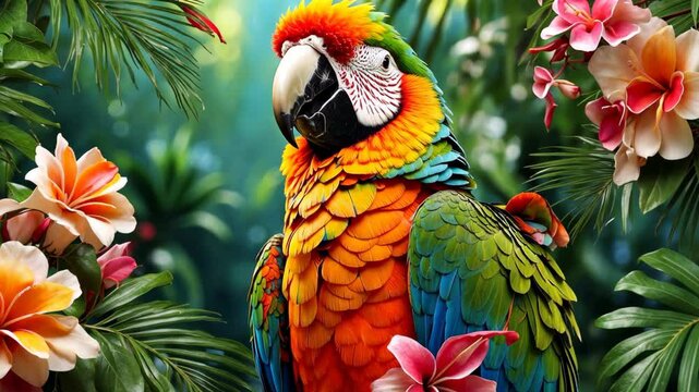 Colorful parrot on a branch with tropical flowers on palm green leaves background