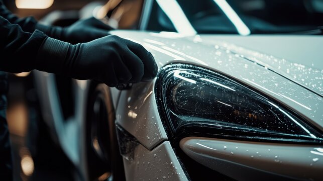 Professional car detailer applying protective film on headlight of white sportscar