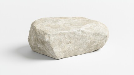 A large, light gray rock with a rough texture and jagged edges sits on a white background.