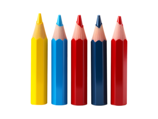 Red blue and yellow crayons isolated on transparent background