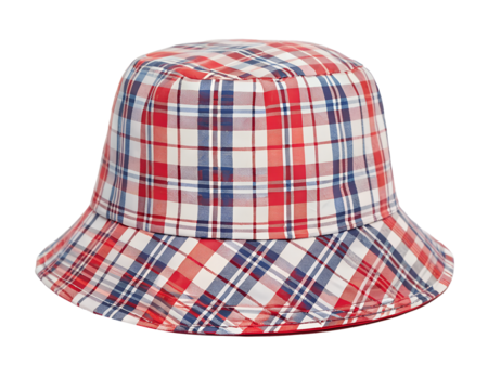 Stylish plaid bucket hat on a white surface, fashion accessory, plaid hat, trendy headwear, casual style, summer fashion