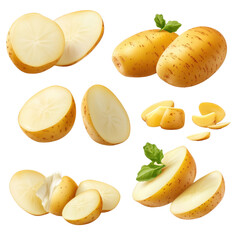 Potato halves and slices displayed on Transparent background showcasing various preparations and cuts, Potatoes, halves and slices isolated on PNG background