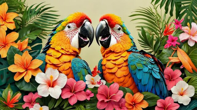 Colorful parrot on a branch with tropical flowers on palm green leaves background