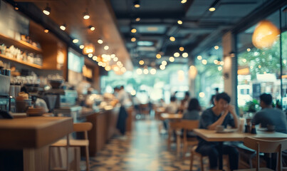 Blurred customers walking fast move ment in coffee shop or cafe restaurant, light cream, Blurred restaurant background with some people and chefs and waiters, Generative AI