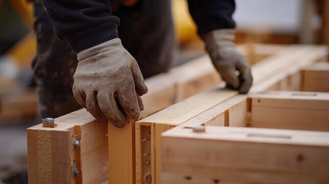Formwork carpenter assembling wooden molds for concrete pouring. Featuring structural precision - Powered by Adobe