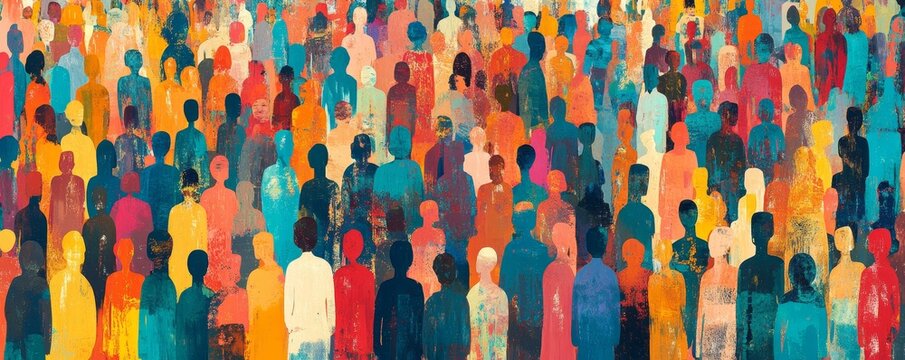 Fototapeta Colorful diverse people crowd abstract art seamless pattern. Multi-ethnic community, big cultural diversity group background illustration in modern collage painting, Generative AI