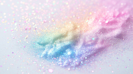 Fototapeta premium Holographic shimmer powder scatter in a dreamy pastel gradient, hyper-detailed light refraction, PNG on white