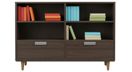 Isolated Wooden Bookcase with Books