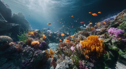Obraz premium Exploring Vibrant Coral Reef with School of Fish Underwater Scene