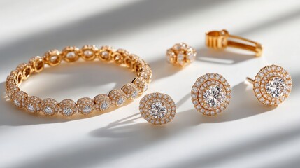 Naklejka premium Sophisticated premium gold jewelry set featuring brilliant diamonds, including a pendant, earrings, and bracelet, set against a white surface 